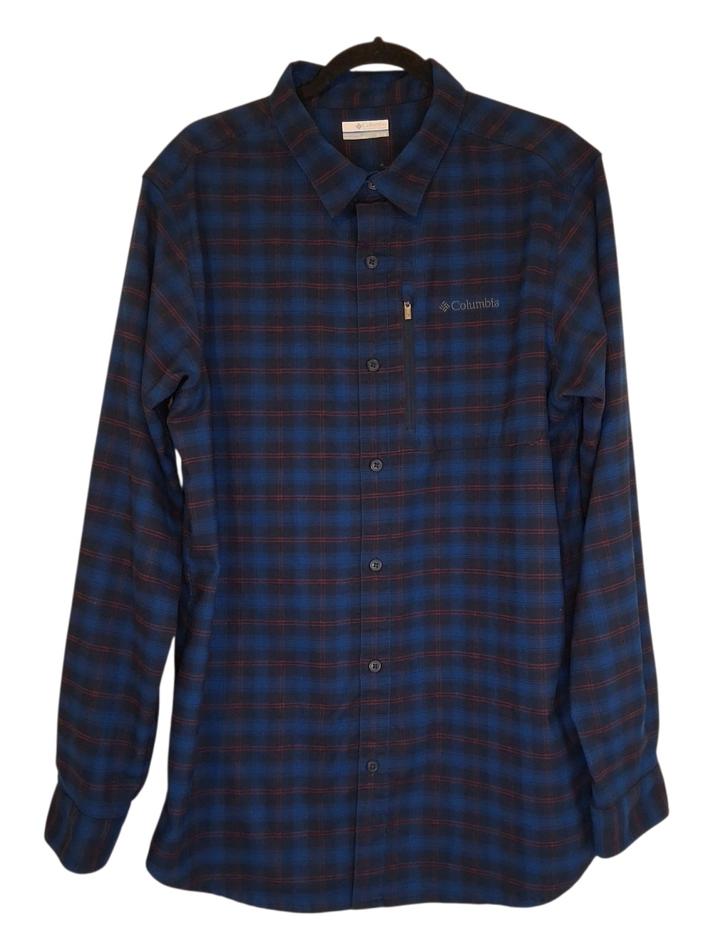 ​Columbia Blue Red Plaid Long Sleeve Button Up Shirt XL Technical Hiking Stretch